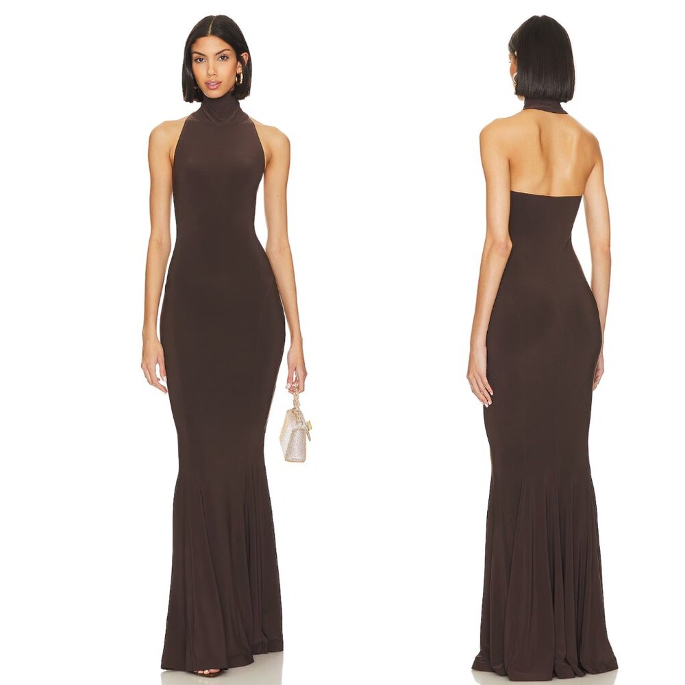 NEW Norma Kamali Halter Turtle Fishtail Gown Chocolate Brown Formal Maxi Dress M